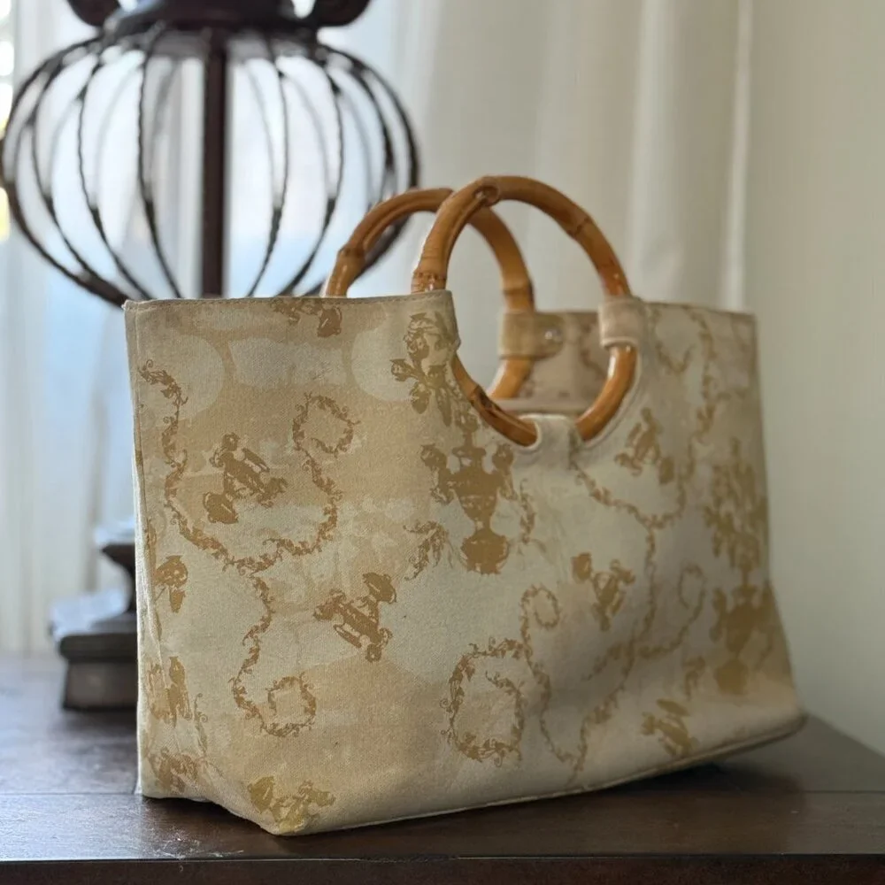 Enzo Angiolini Beige Tote Bag with Bamboo Handles